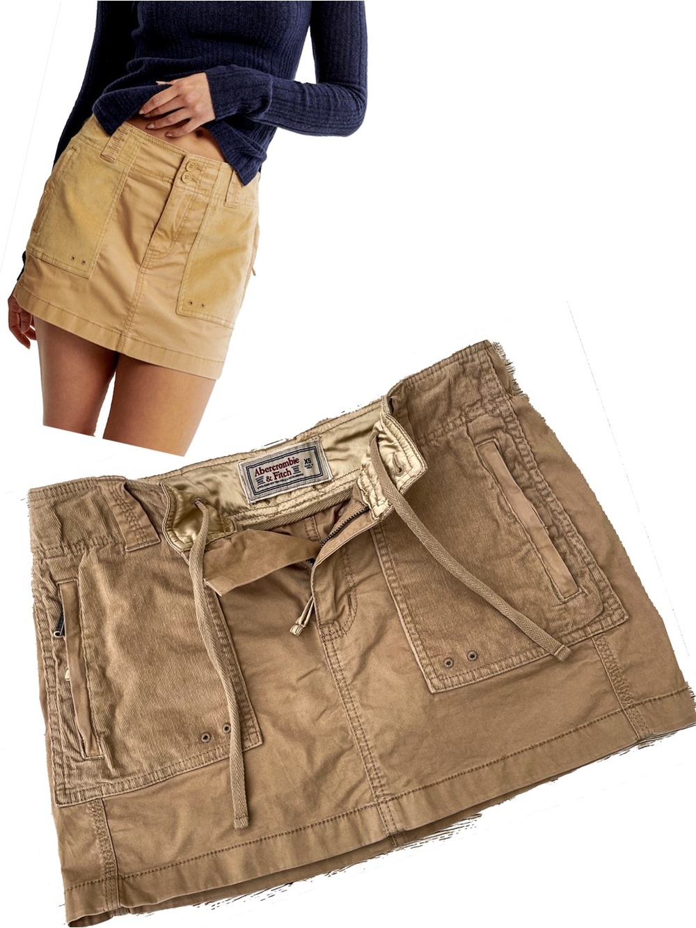 Abercrombie Khaki & Corduroy Cargo Zip Pocket Micro Mini Skirt Size XS Y2K Bratz